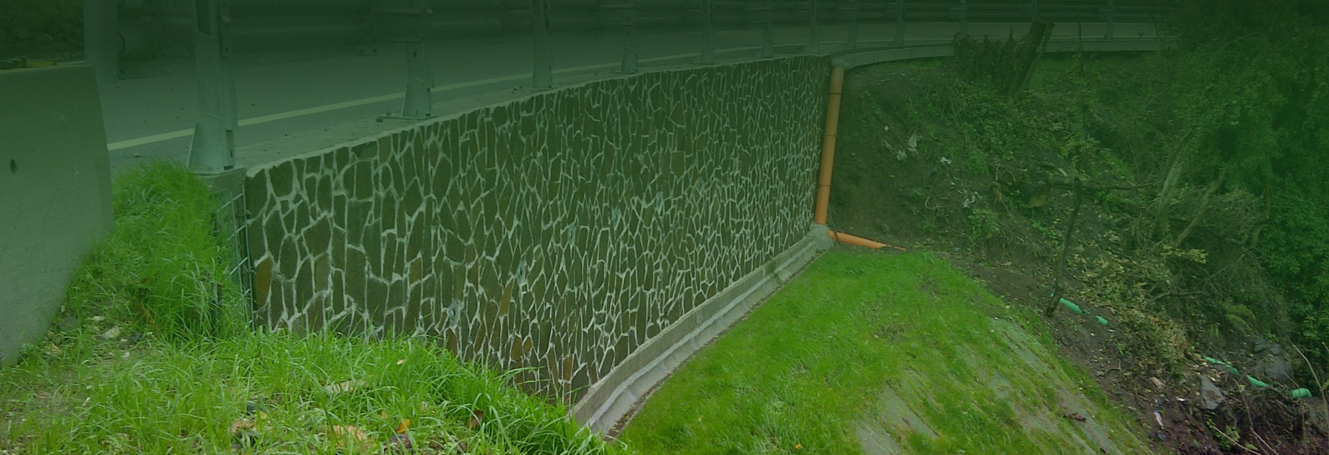 Strada su pendio con muro di sostegno e vegetazione