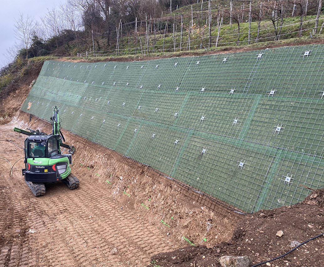 Pendio stabilizzato con rete e vegetazione